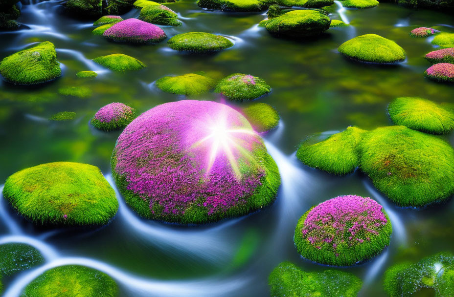 Tranquil stream with moss-covered stones and pink flowers under soft sunbeam