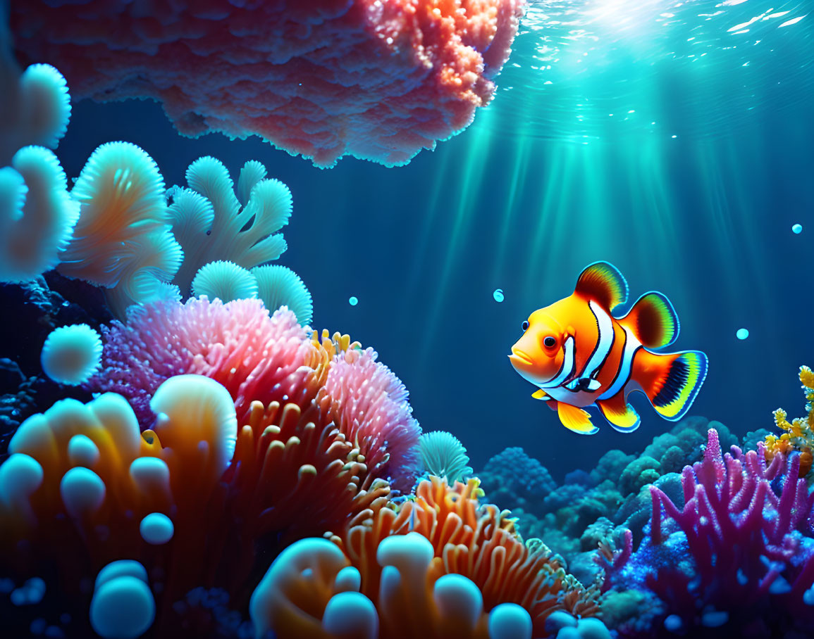 Colorful Clownfish Among Vibrant Coral Reefs in Sunlit Underwater Scene