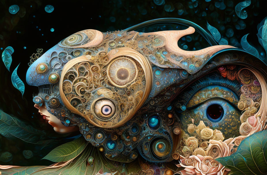 Steampunk-inspired creature with gears and floral elements on dark bubble-filled backdrop