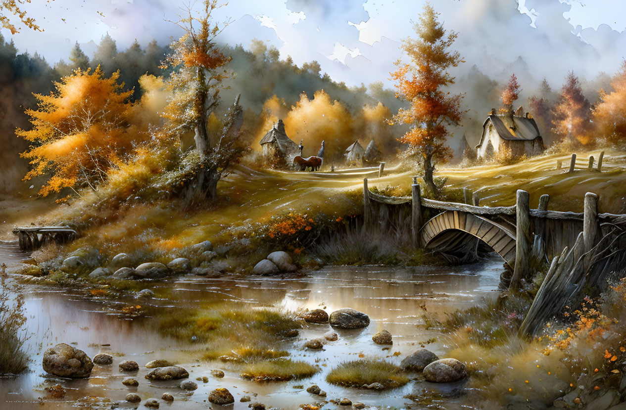 Tranquil autumn scene: thatched-roof houses, wooden bridge, fall trees, horse-d