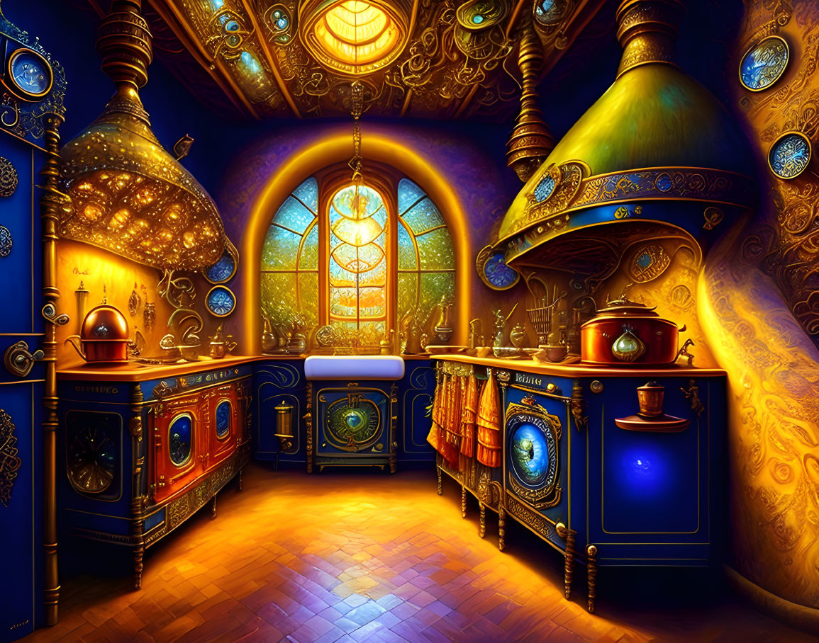 Fantastical kitchen with golden hues, ornate patterns, and glowing blue accents