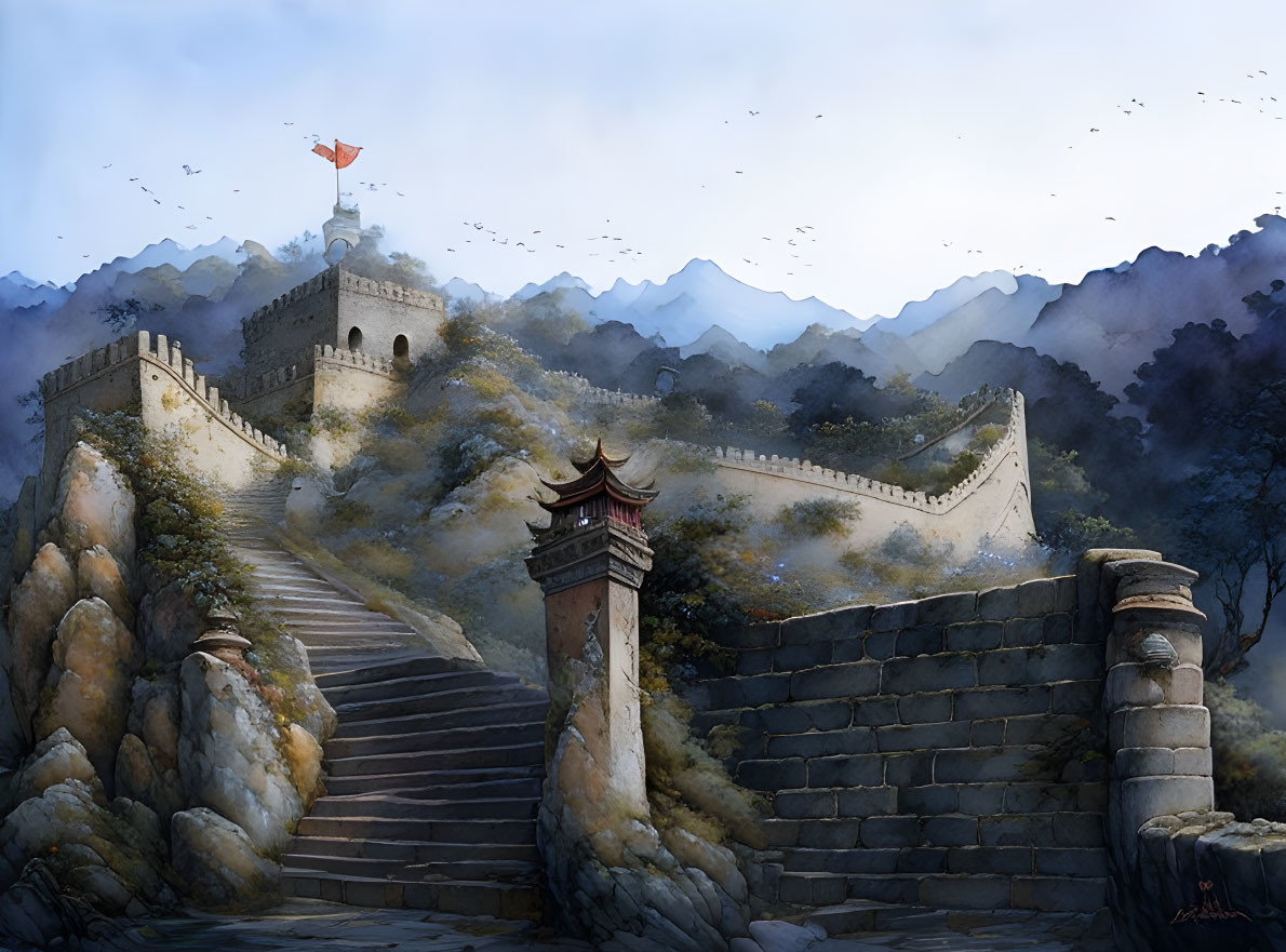 Scenic depiction of Great Wall of China with watchtower on mountainous terrain under hazy sky.