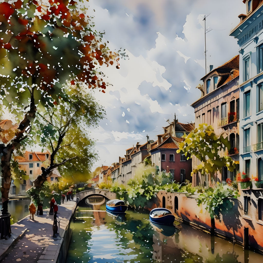 Scenic canal with boats, colorful buildings, and lush foliage.