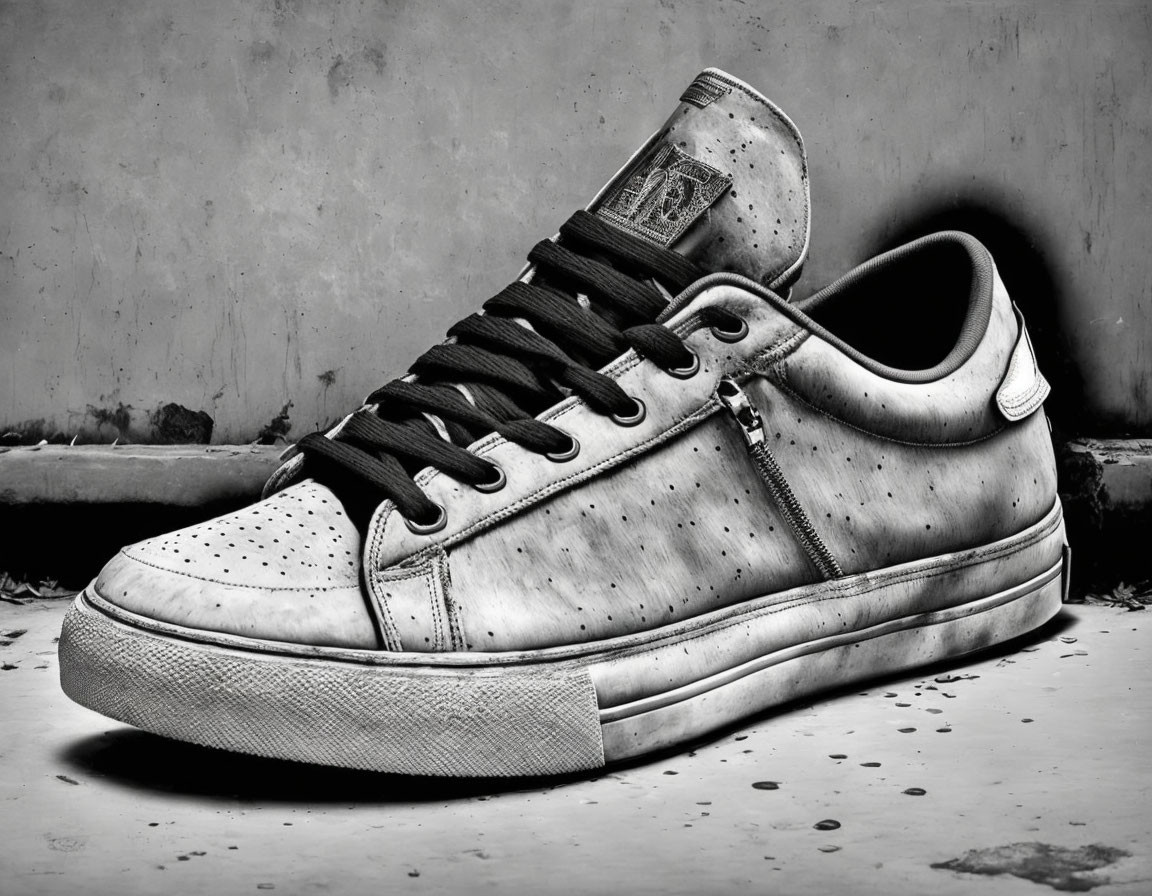 Monochrome photograph: worn sneaker on textured wall