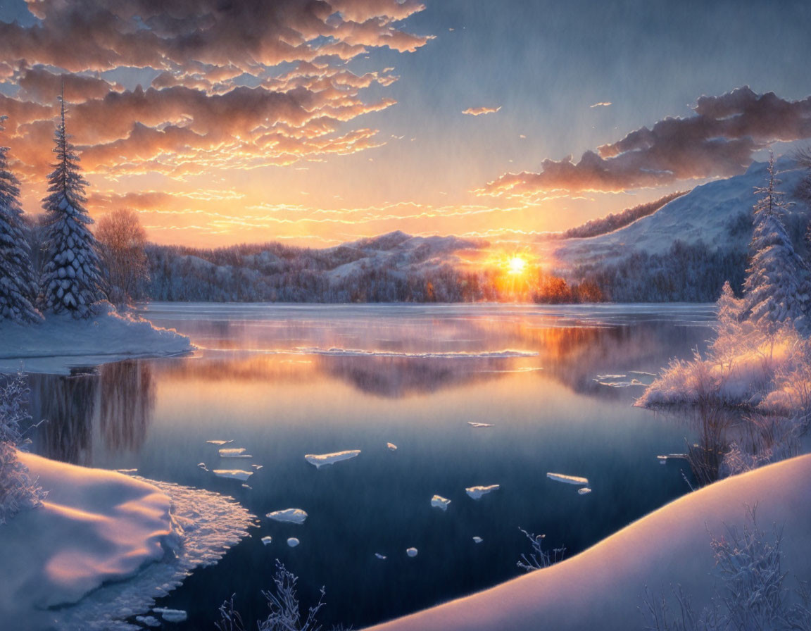 Tranquil winter sunset over snowy landscape and calm lake