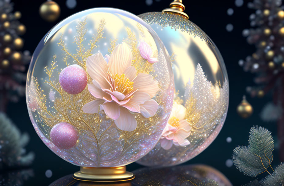 Snow globe with golden flowers and pink baubles on dark background