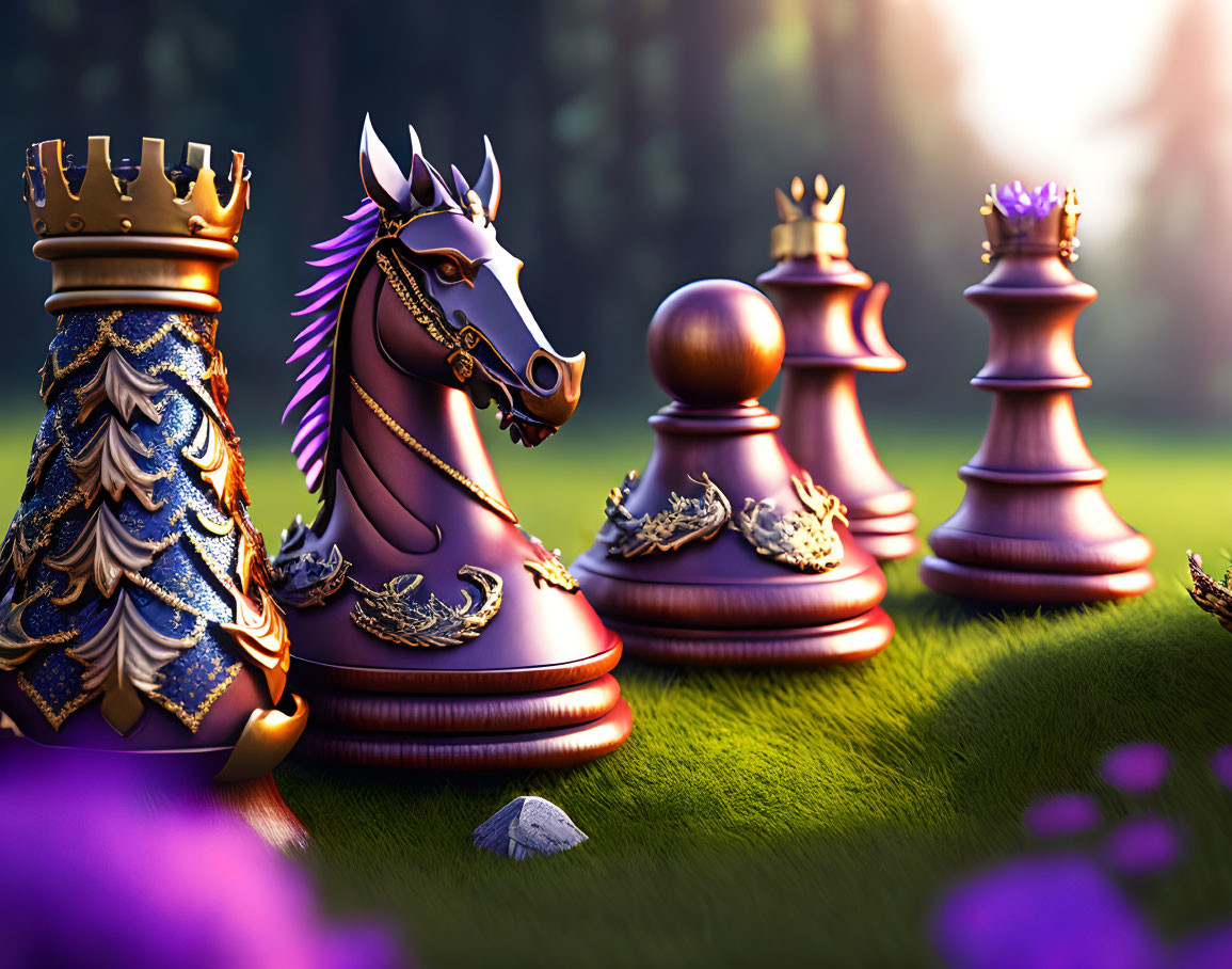 Detailed 3D rendering of majestic knight chess piece in sunlit forest