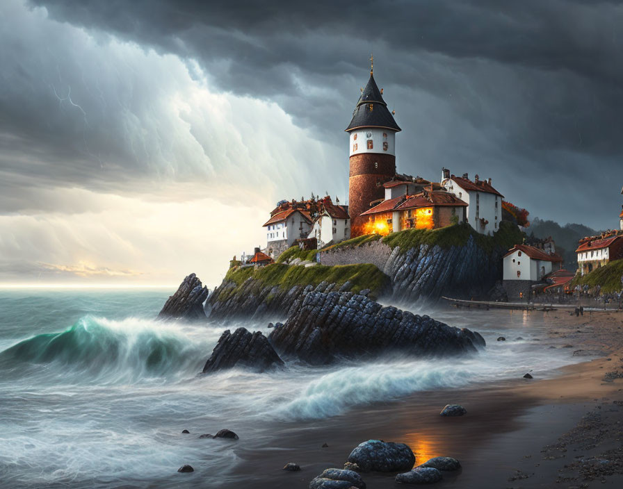 Stormy coastal scene with lighthouse and crashing waves