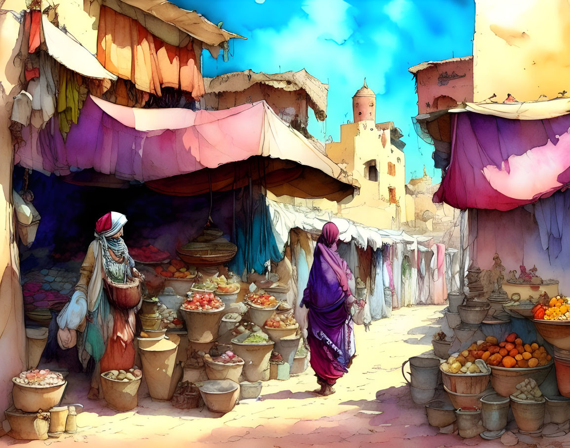 Vibrant market scene with colorful stalls, fabrics, fruits, and pottery under sunny sky