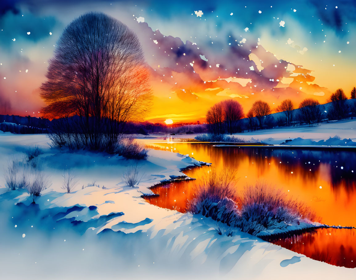 Scenic winter sunset with orange glow on river and snow-covered banks