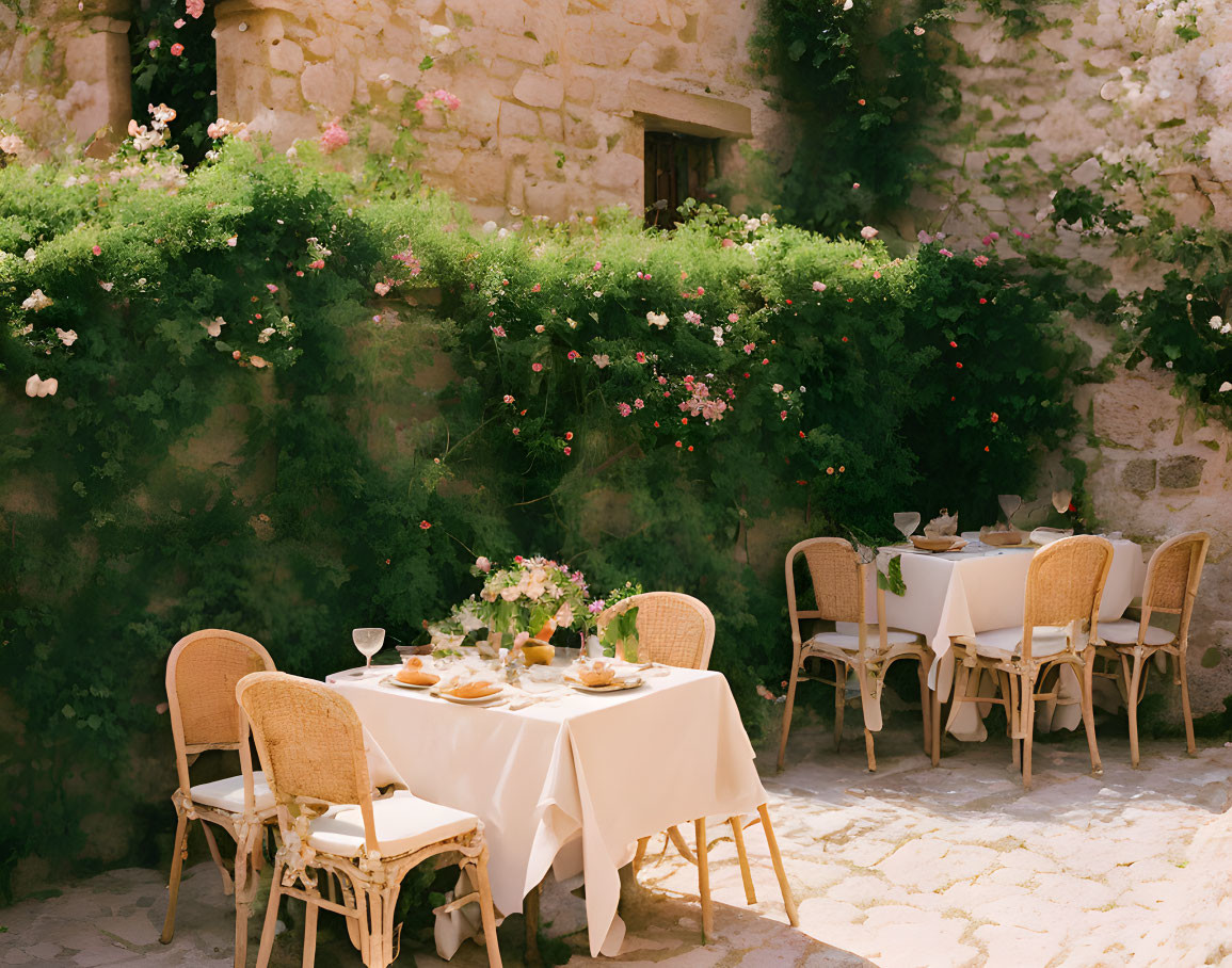 Outdoor Dining Setup with Table Against Stone Wall & Blooming Flowers