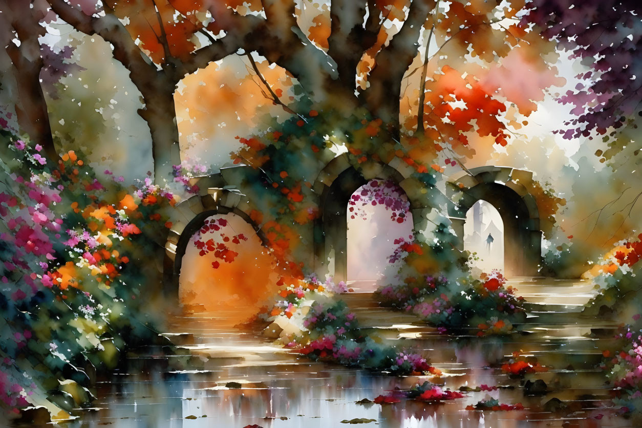 Colorful Watercolor Painting of Arched Stone Bridge in Autumn Landscape