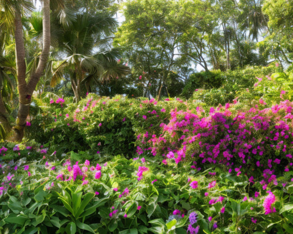 Vibrant Pink Flowers and Palm Trees in a Lush Garden