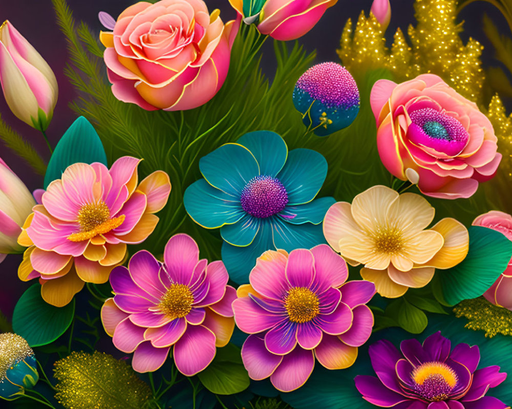 Assorted flowers in bloom with rich colors on dark background