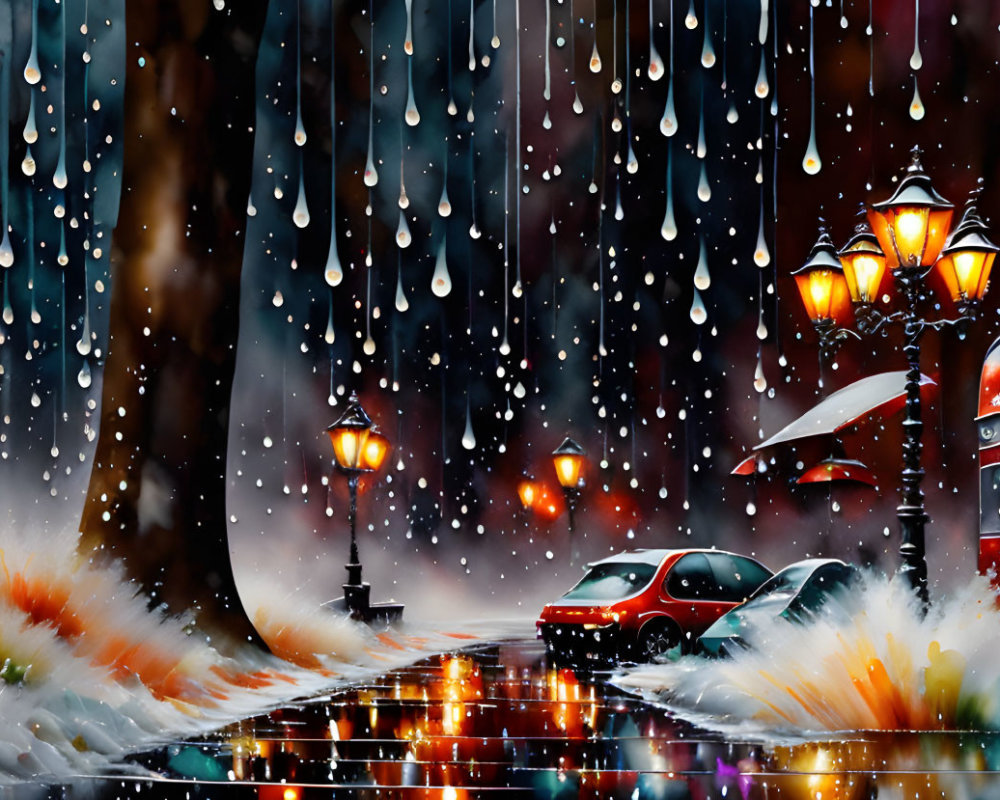 Colorful urban street scene with red bus, cars, street lamps, and snow-covered sidewalks.