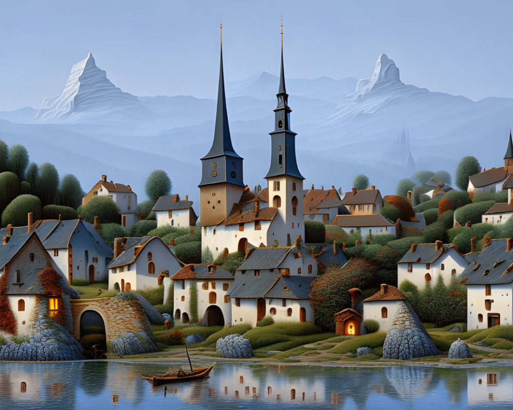 Scenic village with cottages, church, boat, mountains, and river