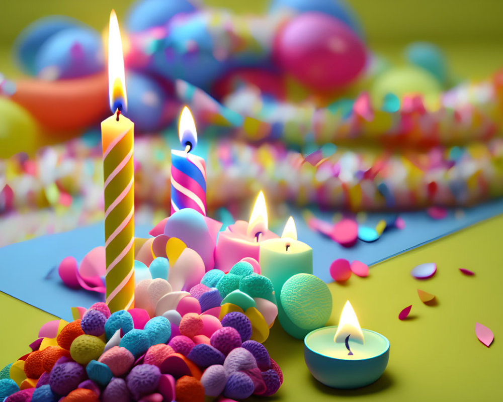 Colorful birthday candles among vibrant party decorations with balloons, confetti, and garlands.