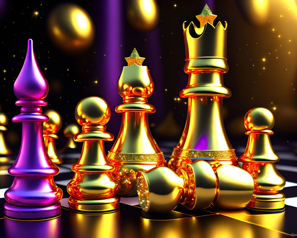 Colorful Chess Pieces Illustration with Golden King and Pawns