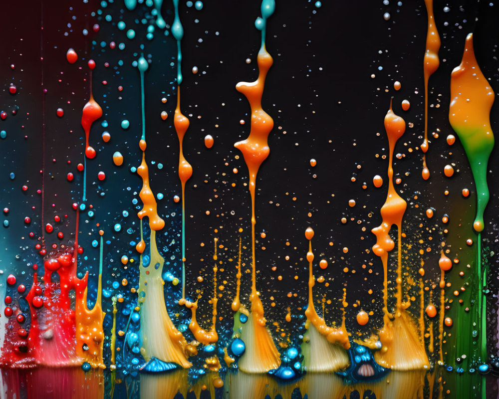 Vibrant liquid droplets in mid-air on dark background