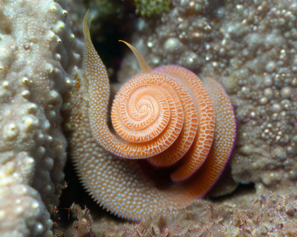 Spiral-patterned sea snail shell on marine surface with coral