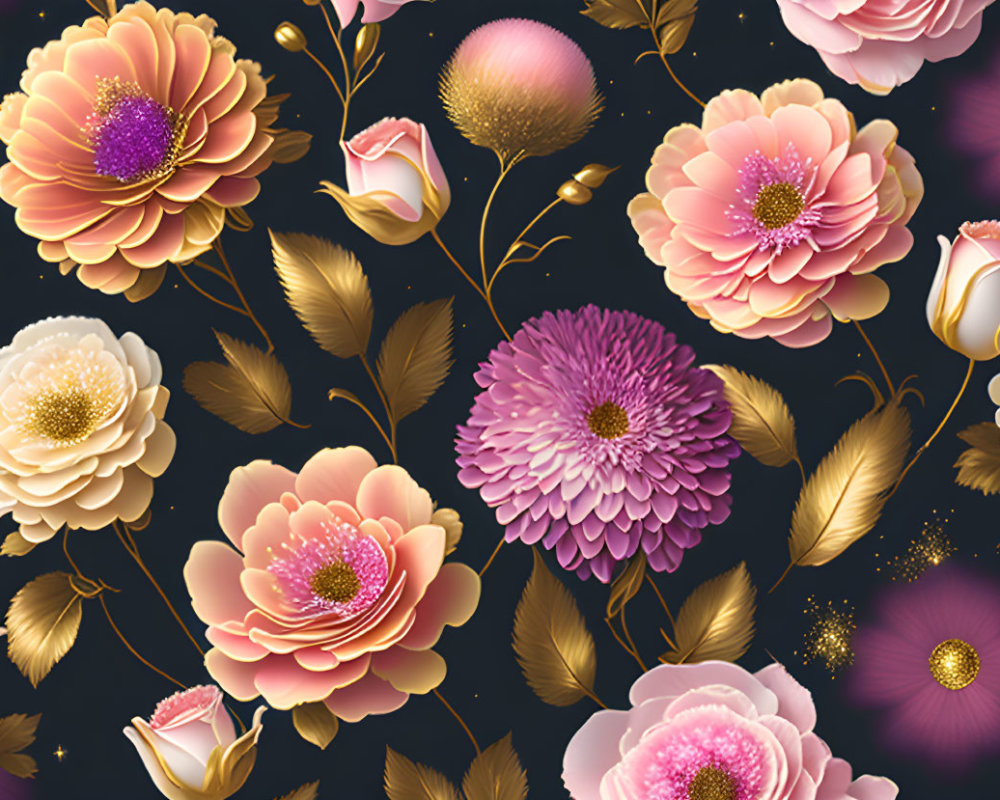 Elegant pink, gold, and white floral pattern on dark background