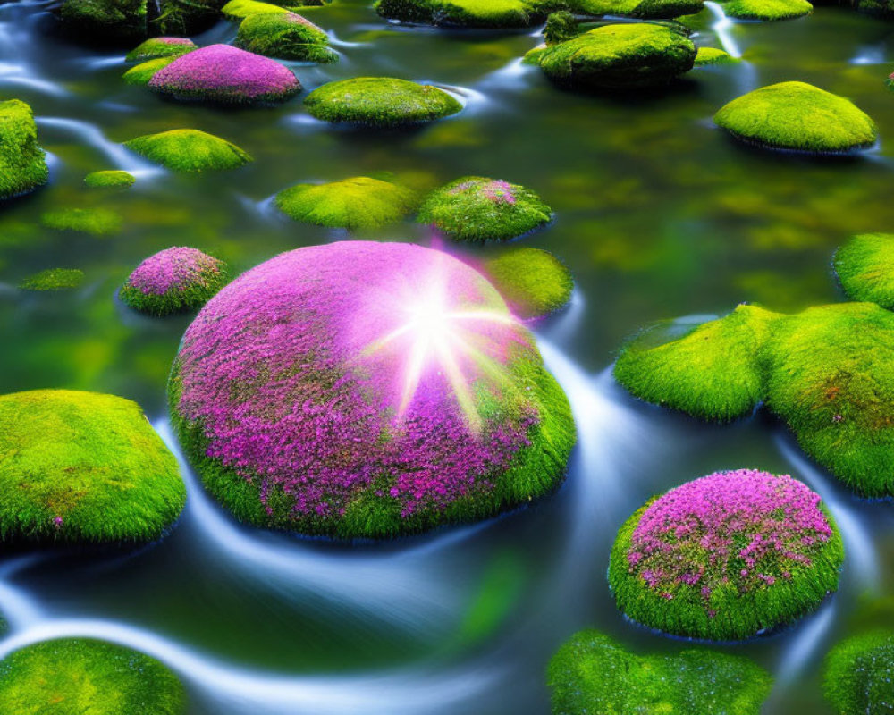 Tranquil stream with moss-covered stones and pink flowers under soft sunbeam