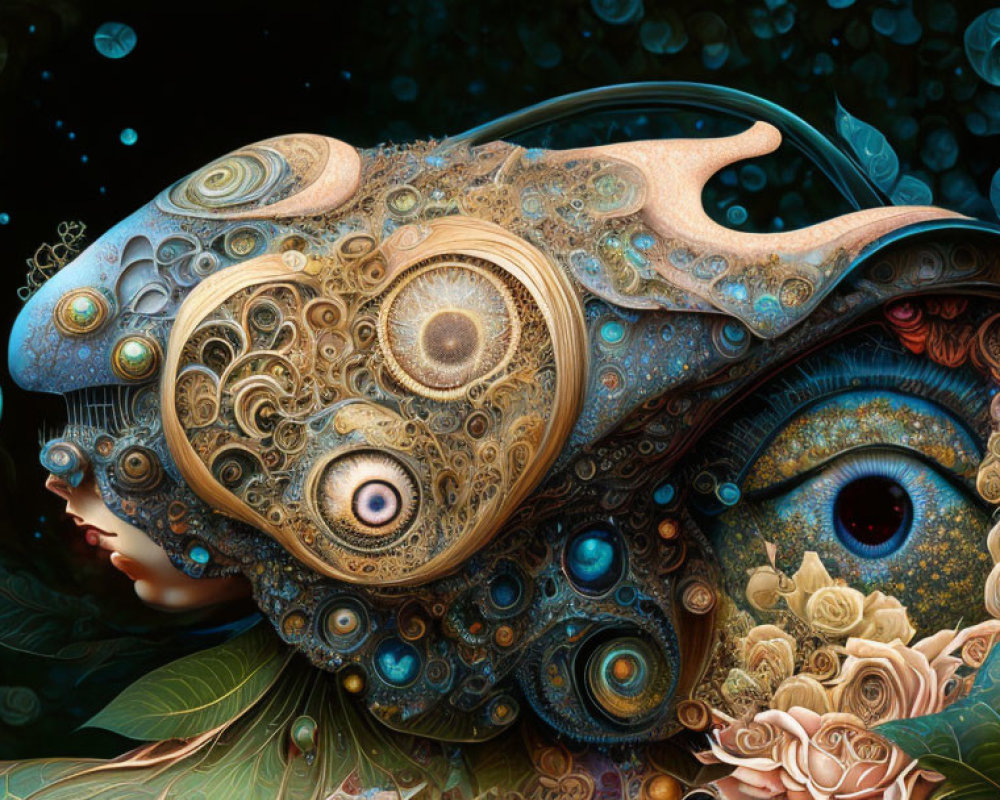 Steampunk-inspired creature with gears and floral elements on dark bubble-filled backdrop