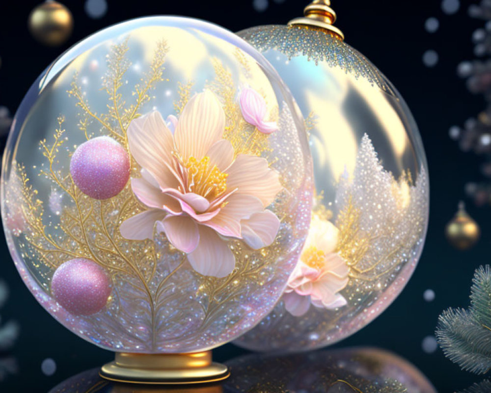 Snow globe with golden flowers and pink baubles on dark background