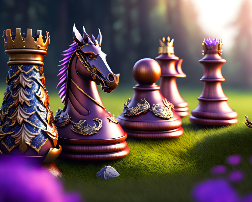 Detailed 3D rendering of majestic knight chess piece in sunlit forest