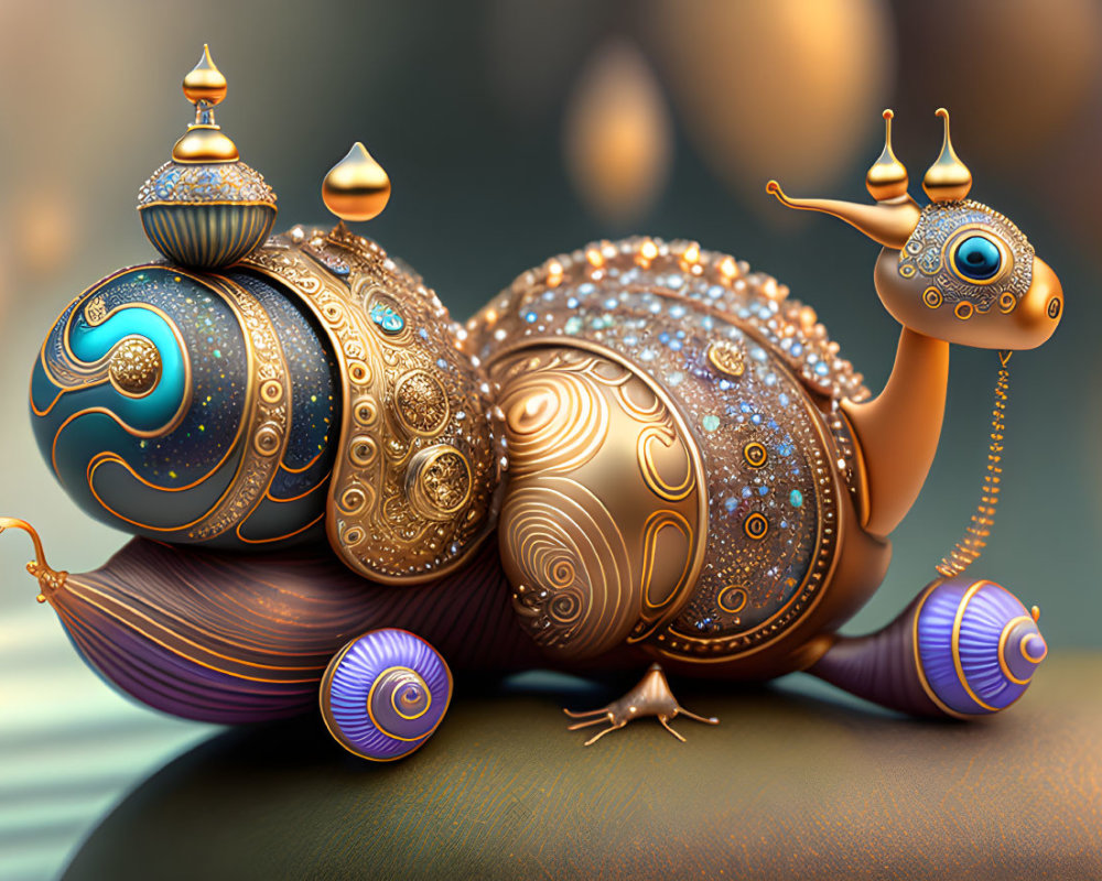 Ornate Decorated Snail in Fantasy Setting with Jewel-like Embellishments