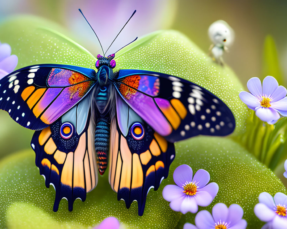 Colorful Butterfly Resting on Green Foliage with Snail and Purple Flowers