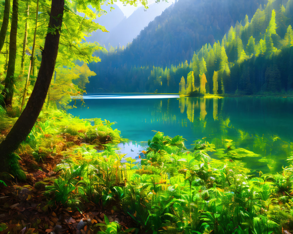 Tranquil Lake Scene with Turquoise Water and Green Trees