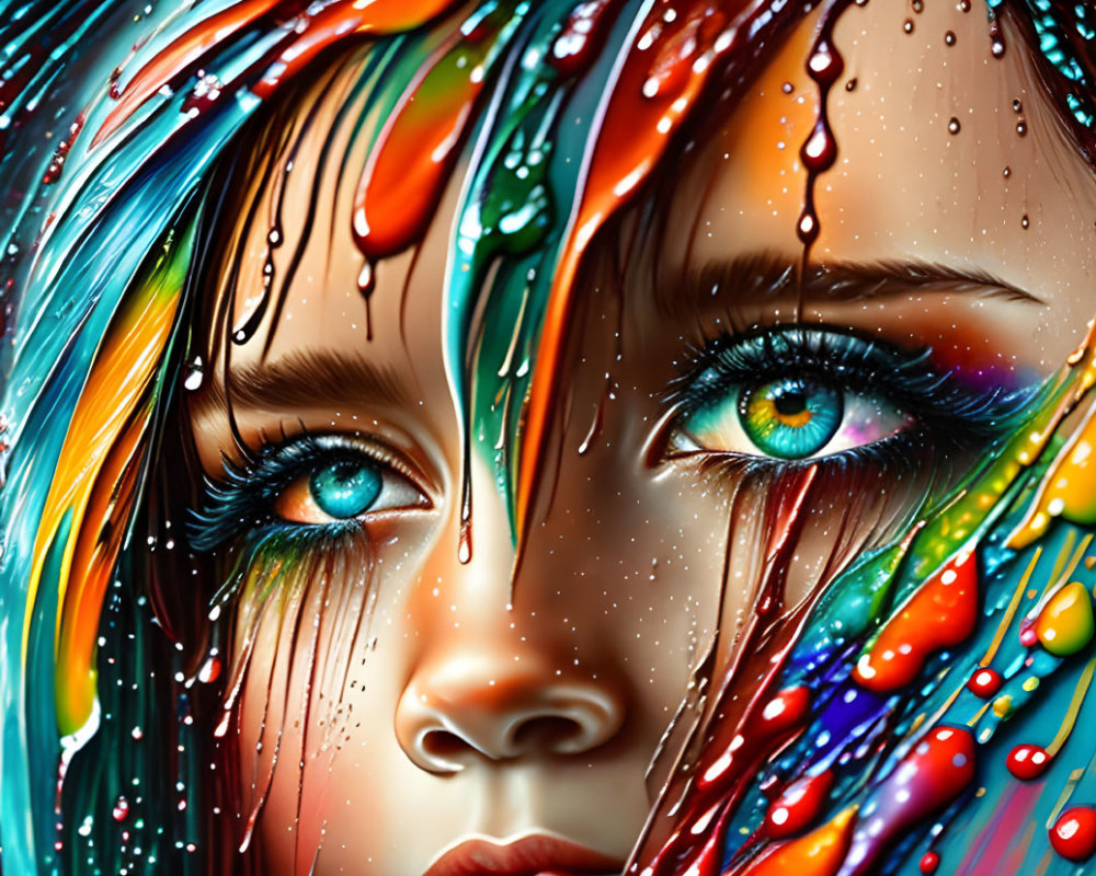 Colorful digital artwork of a face with dripping paint streaks and blue eyes