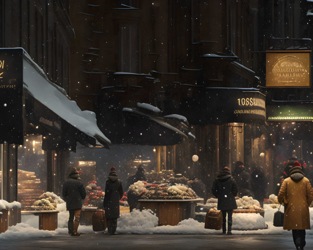 Winter scene: Busy city street with snowfall, bundled pedestrians, and cozy shops.