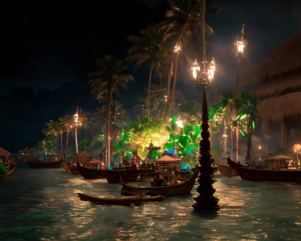 Tropical beach village at night with lanterns, palm trees, thatched huts, and boats