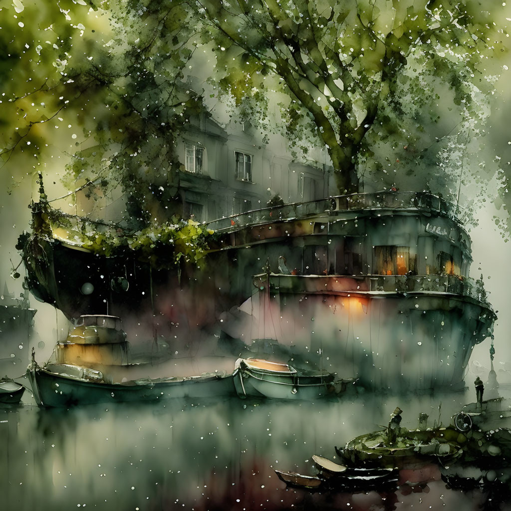 Vintage boat moored under tree in misty watercolor.