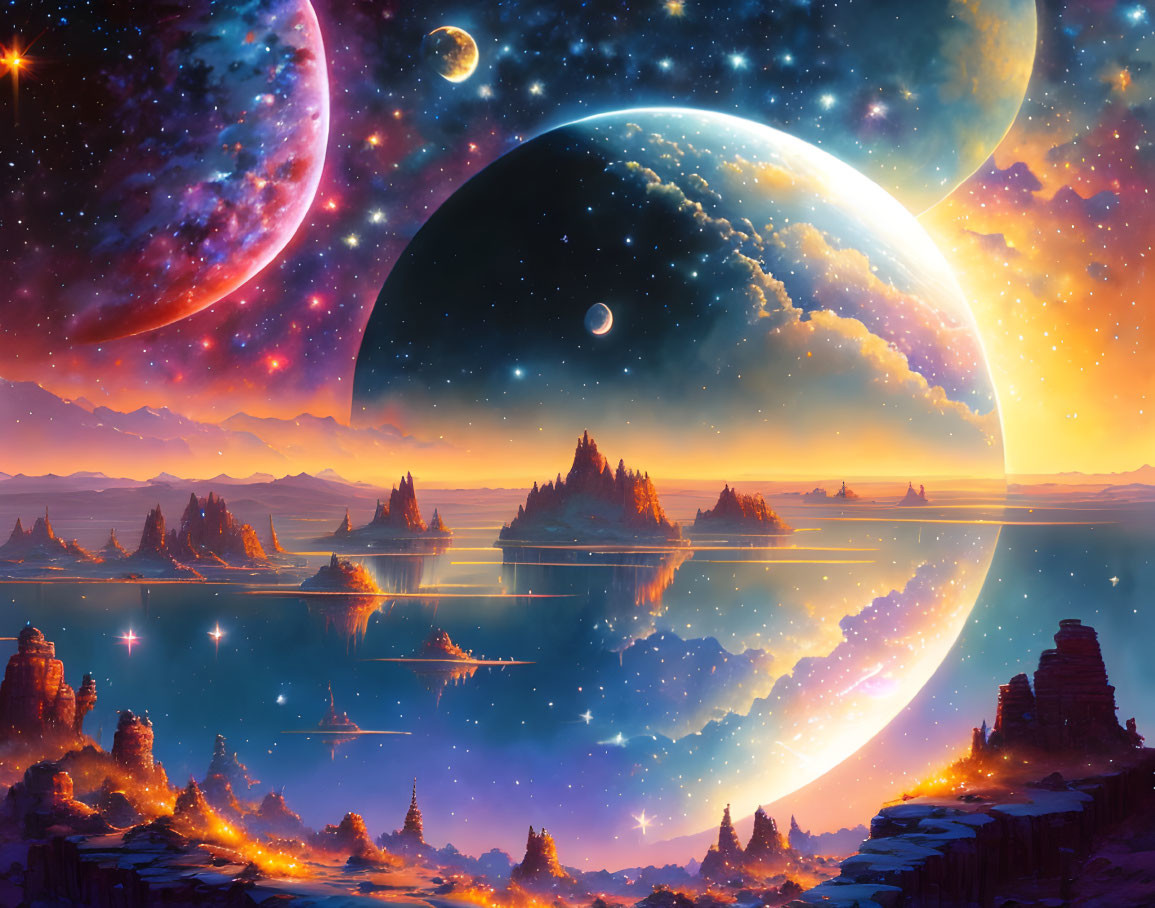 Colorful sci-fi landscape with celestial bodies above serene lake