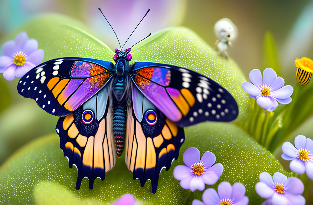 Colorful Butterfly Resting on Green Foliage with Snail and Purple Flowers