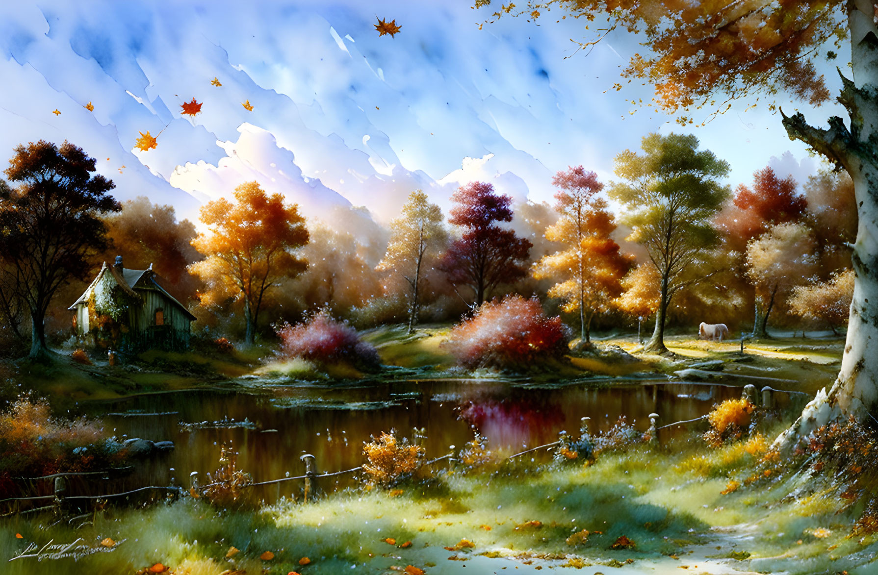 Tranquil autumn landscape with cottage, colorful trees, pond, and falling leaves