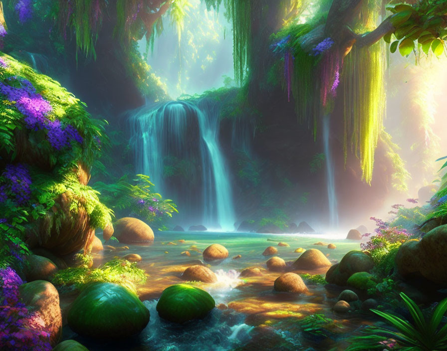 Tranquil forest waterfall with sunlight filtering through green foliage