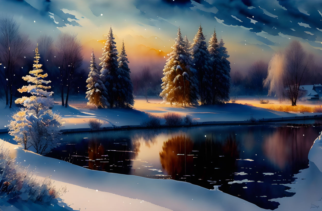 Snow-covered trees and reflective lake in serene winter landscape at dusk