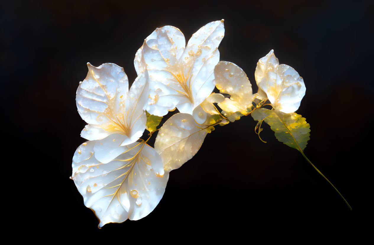 White Flowers with Golden Veins and Dewdrops on Dark Background