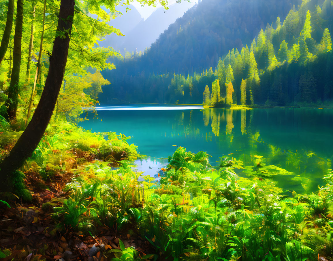 Tranquil Lake Scene with Turquoise Water and Green Trees