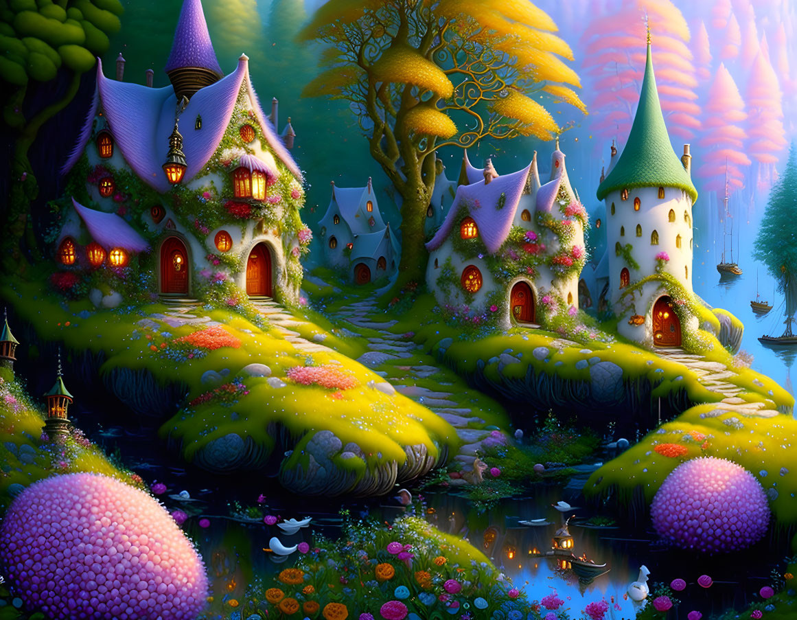 Fantasy landscape with whimsical cottages, vibrant gardens, tranquil pond