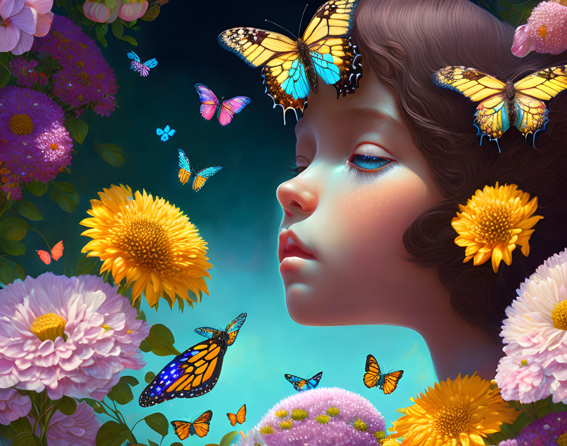 Child Surrounded by Flowers and Butterflies in Dreamy Digital Art