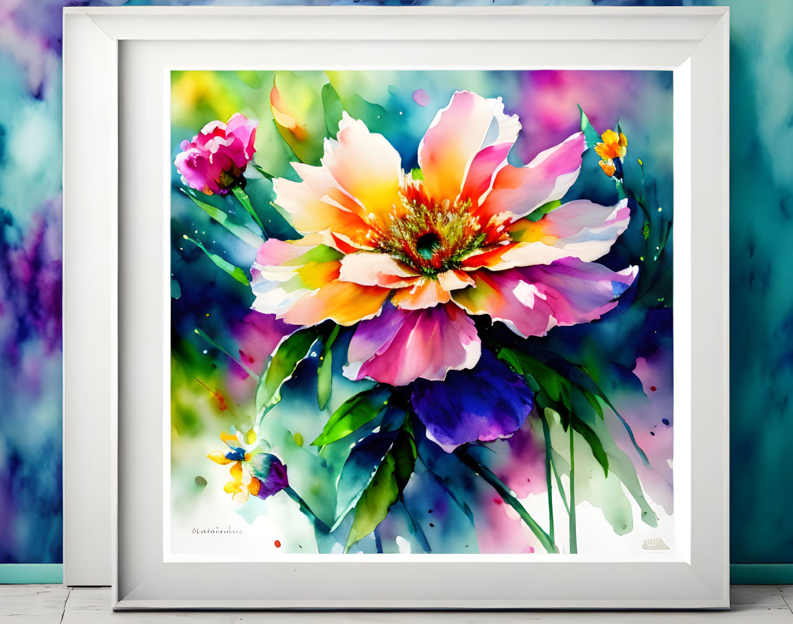 Colorful Watercolor Painting of Blooming Flower on Blue Textured Background