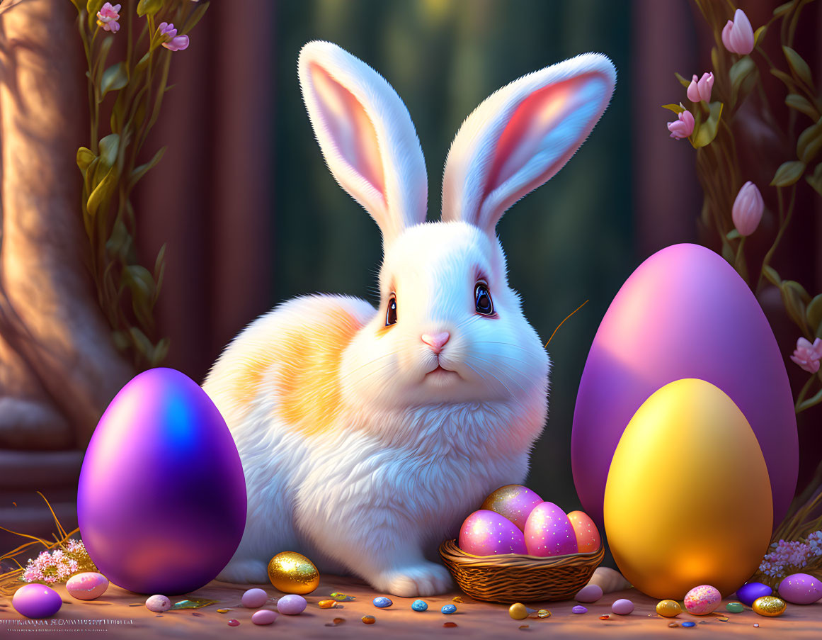 Fluffy Rabbit with Easter Eggs in Whimsical Forest