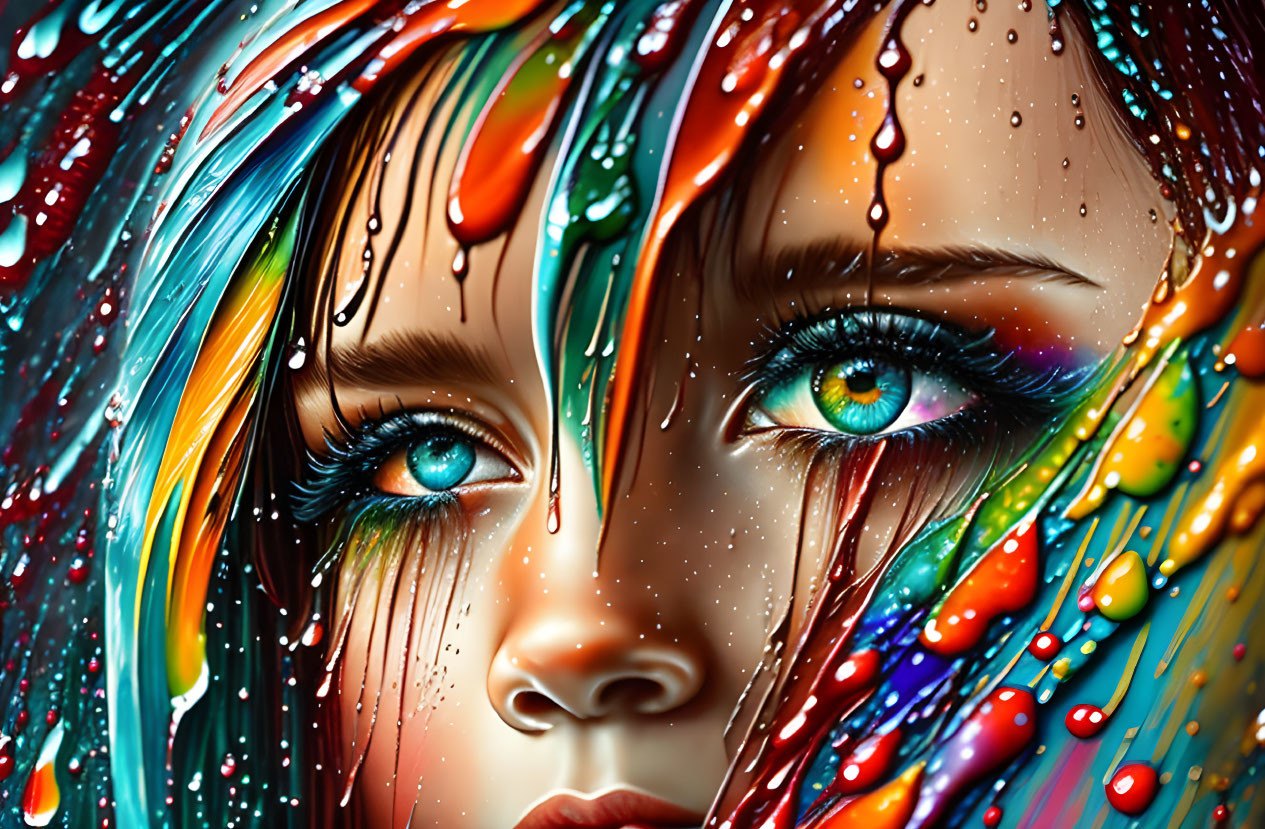 Colorful digital artwork of a face with dripping paint streaks and blue eyes