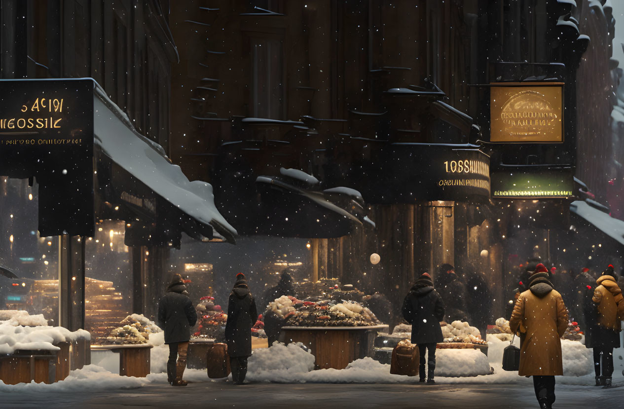 Winter scene: Busy city street with snowfall, bundled pedestrians, and cozy shops.