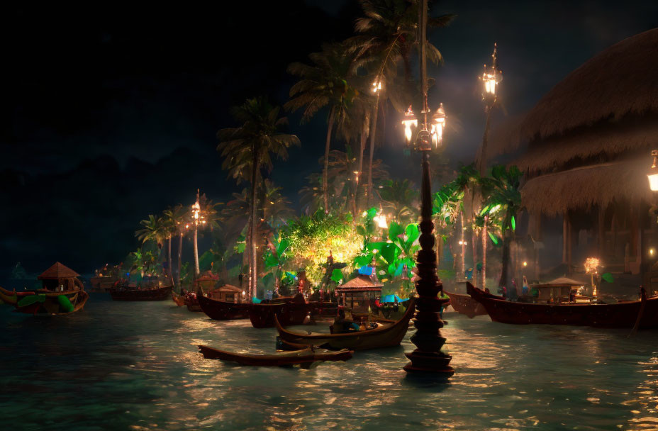 Tropical beach village at night with lanterns, palm trees, thatched huts, and boats